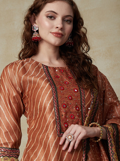 Ethnic Printed & Embroidered Straight Fit Kurta with Pant & Dupatta - Brown