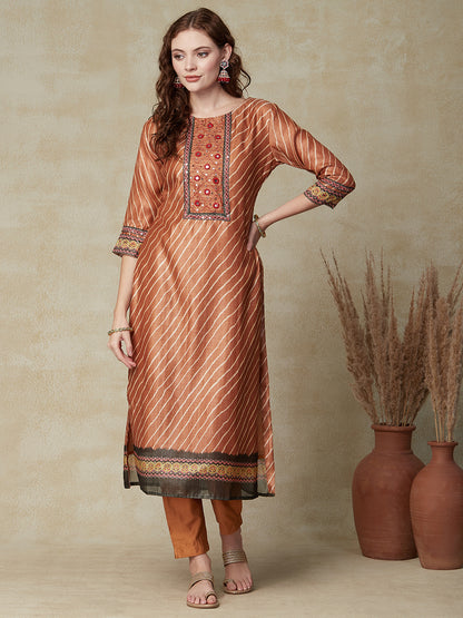 Ethnic Printed & Embroidered Straight Fit Kurta with Pant & Dupatta - Brown