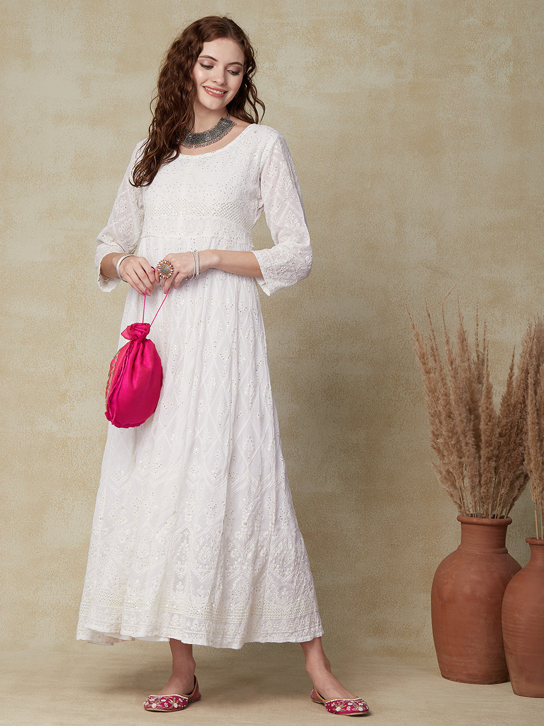 Solid Resham & Sequins Jaal Embroidered Anarkali Dress - White