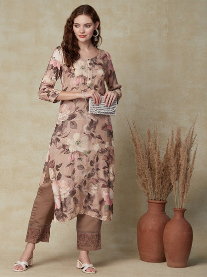 Floral Printed Mirror Embroidered Kurta - Taupe