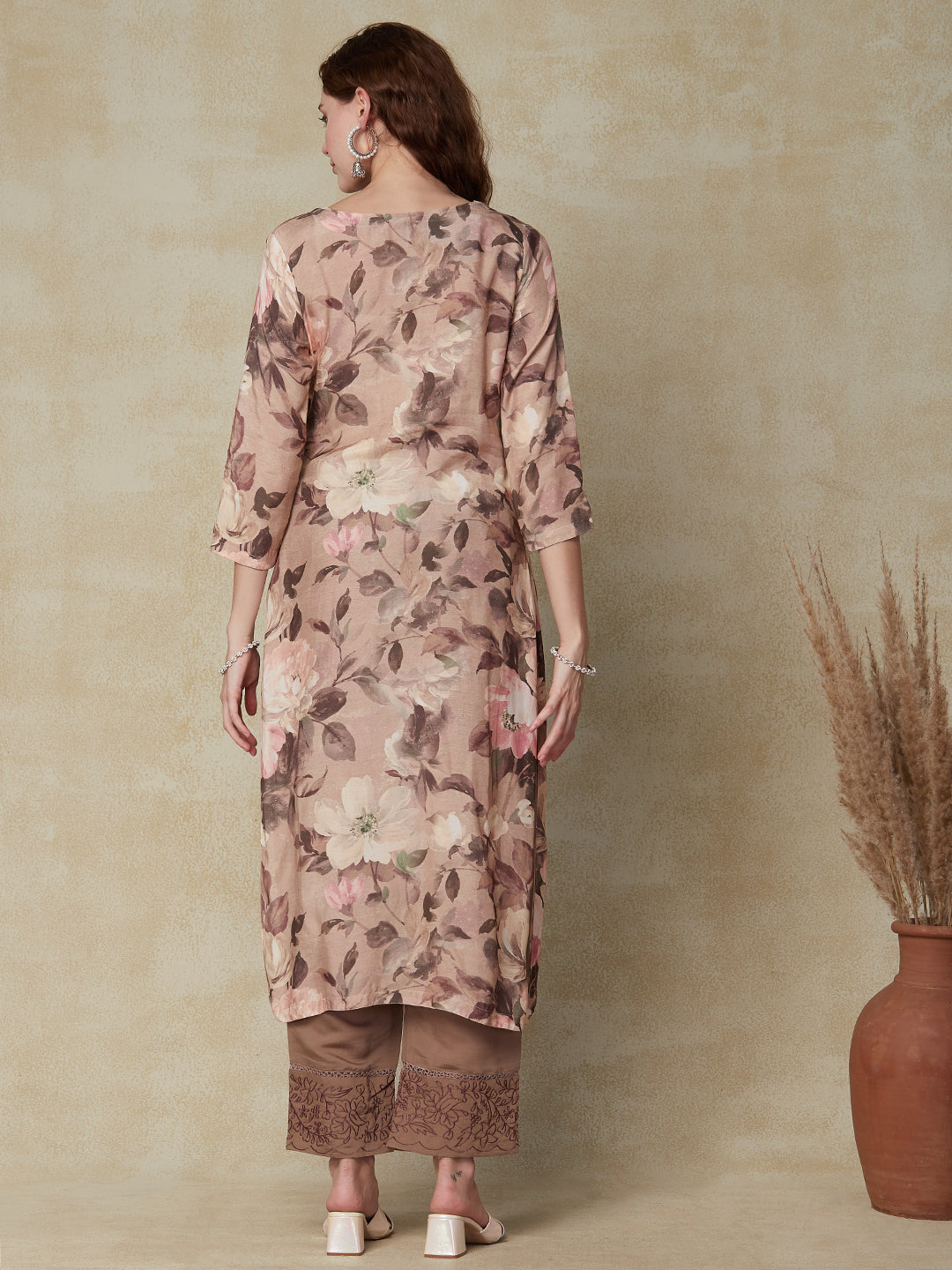 Floral Printed Mirror Embroidered Kurta - Taupe