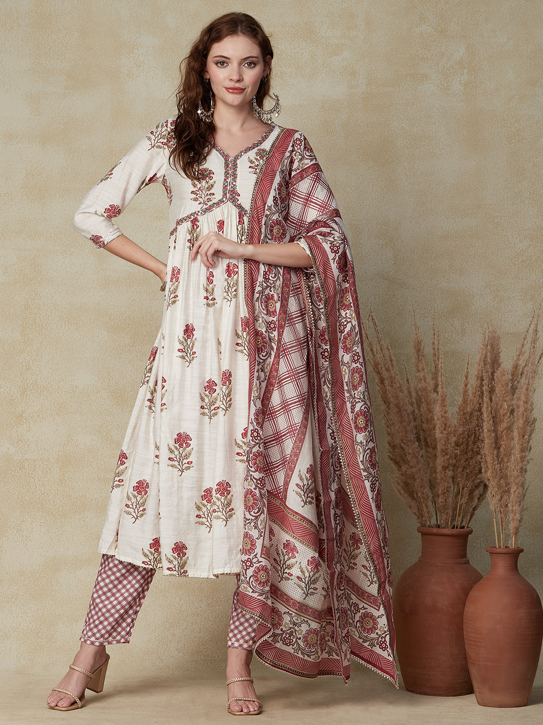 White Cotton Anarkali Kurta Set with Red Block Print Dupatta