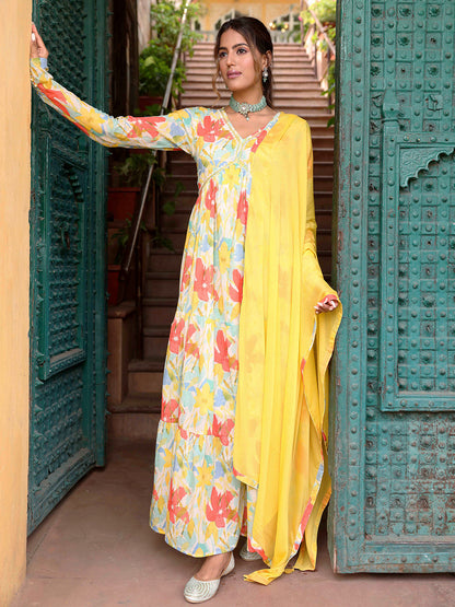 Abstract-Floral Printed Resham, Sequins & Beads Embroidered Tiered Mulmul Cotton Dress - Multi