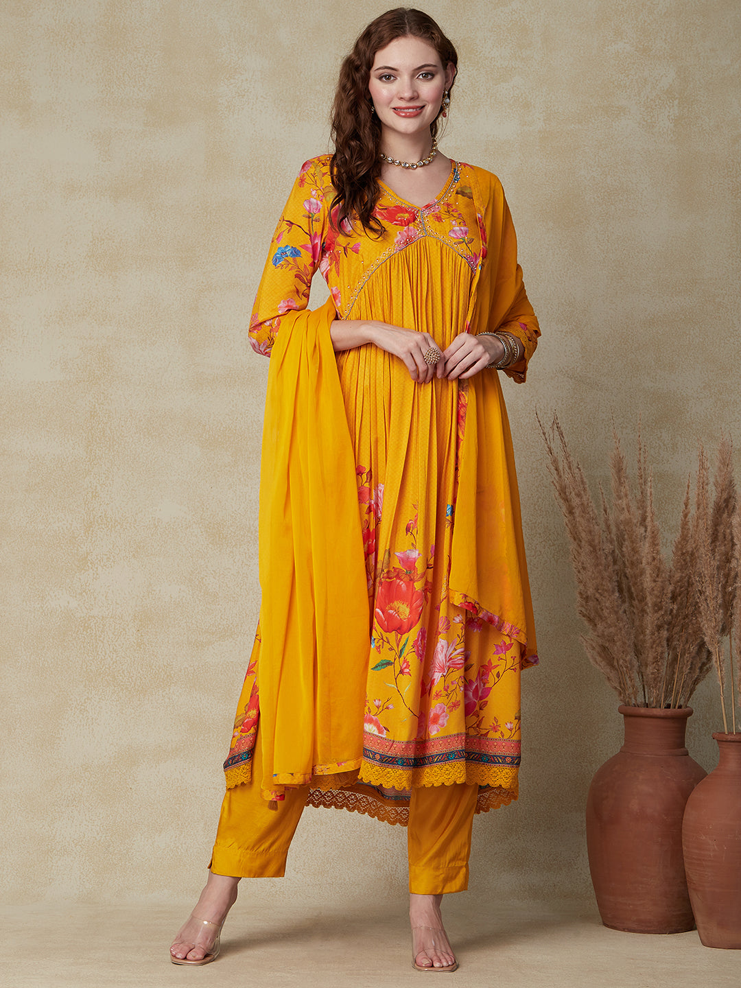 Floral Printed Beads & Zari Embroidered High Slit Kurta With Pants & Dupatta - Yellow