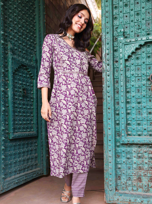 Floral Khari Printed Mirror, Zari & Sequins Embroidered Kurta With Pants - Purple