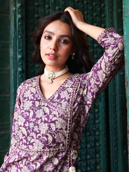 Floral Khari Printed Mirror, Zari & Sequins Embroidered Kurta With Pants - Purple