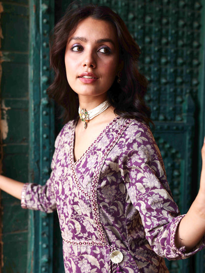 Floral Khari Printed Mirror, Zari & Sequins Embroidered Kurta With Pants - Purple