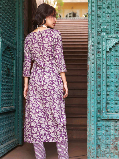 Floral Khari Printed Mirror, Zari & Sequins Embroidered Kurta With Pants - Purple