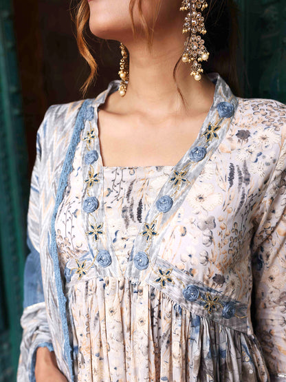 Floral Printed Resham & Cutdana Embroidered Gathered Mul-Cotton Kurta with Pants & Dupatta - Light Grey