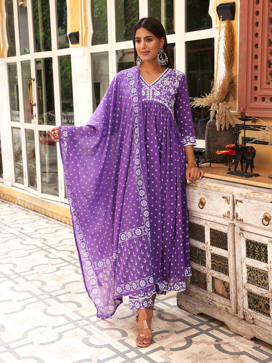 Ethnic Block Printed Mirror & Resham Embroidered Flared Kurta With Pants & Printed Dupatta - Violet