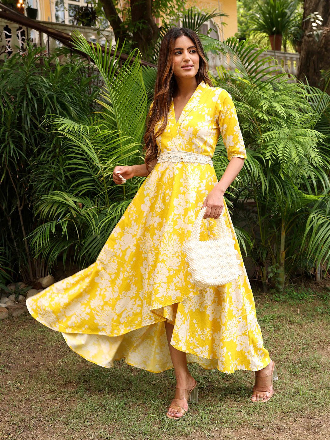 Floral Printed A-Line Asymmetric Flared Midi Dress with Crochet Belt - Yellow