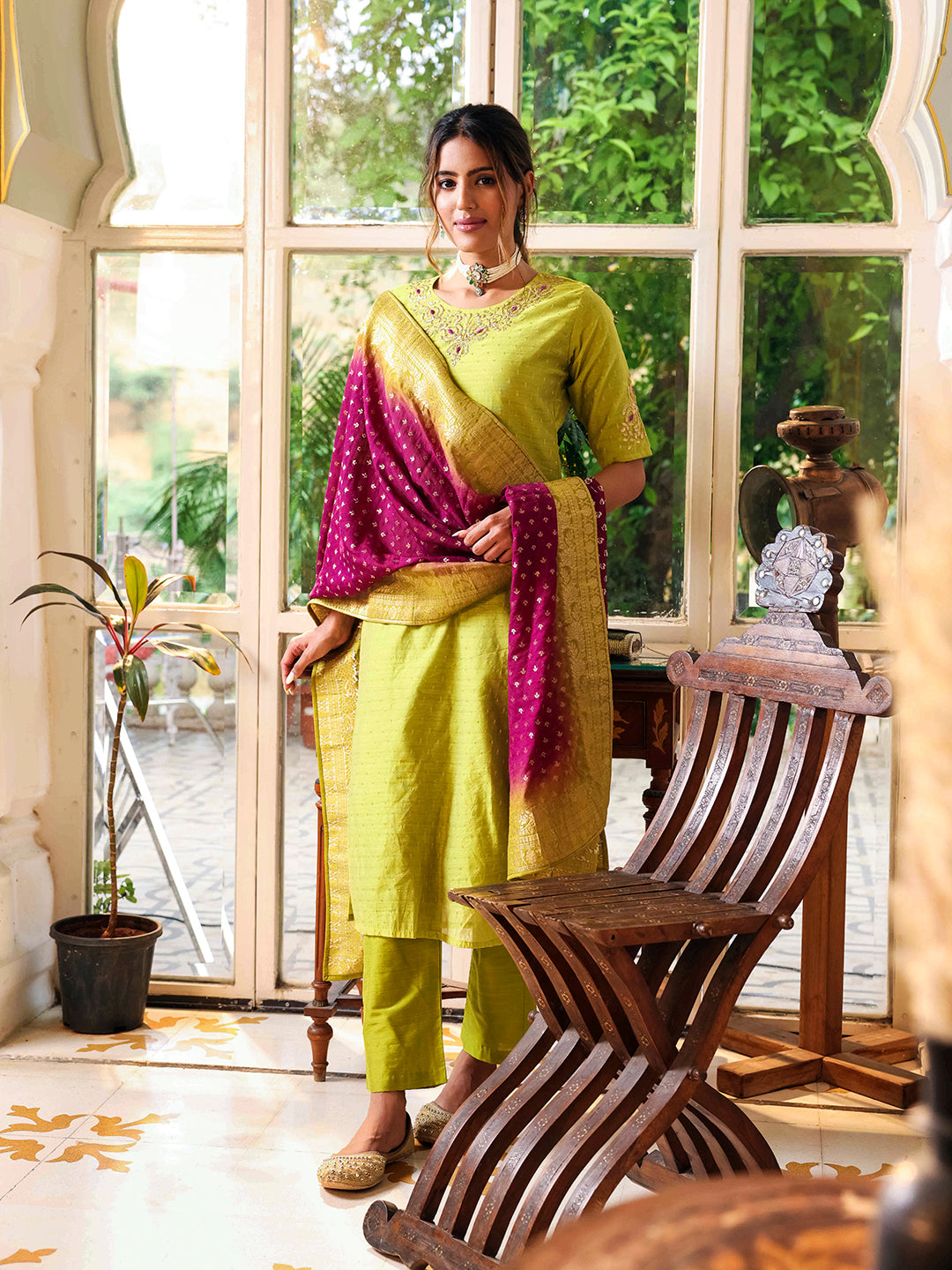 Solid Ethnic Woven & Embroidered Kurta with Pant & Dupatta - Green