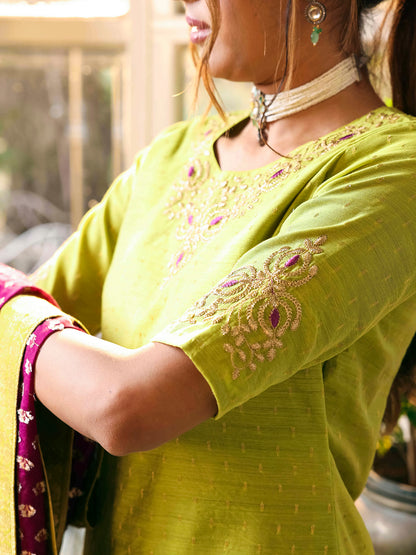 Solid Ethnic Woven & Embroidered Kurta with Pant & Dupatta - Green