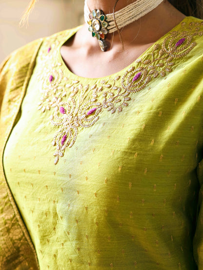 Solid Ethnic Woven & Embroidered Kurta with Pant & Dupatta - Green