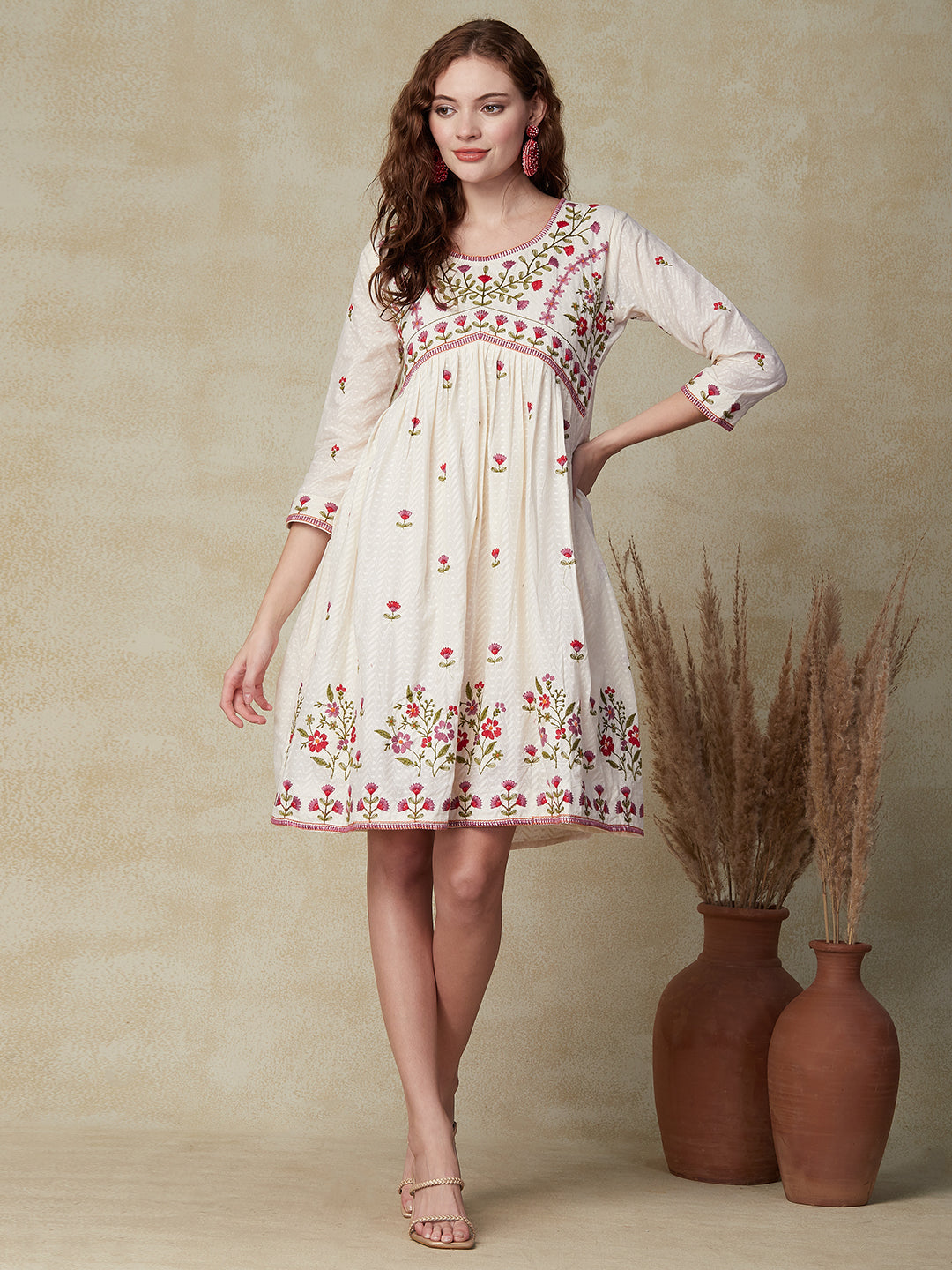 Woven Dobby Design Resham Floral Embroidered Dress - Off White