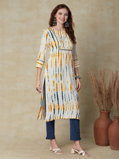 Tie - Dye Printed & Embroidered Straight Fit Kurta - Cream