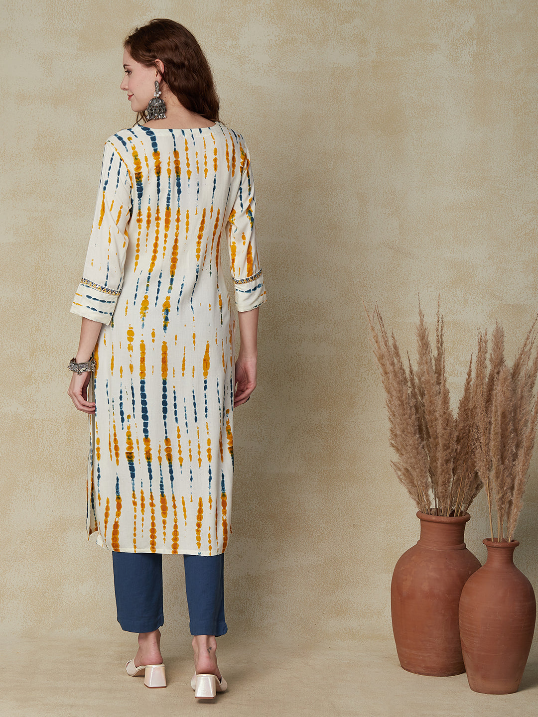 Tie - Dye Printed & Embroidered Straight Fit Kurta - Cream