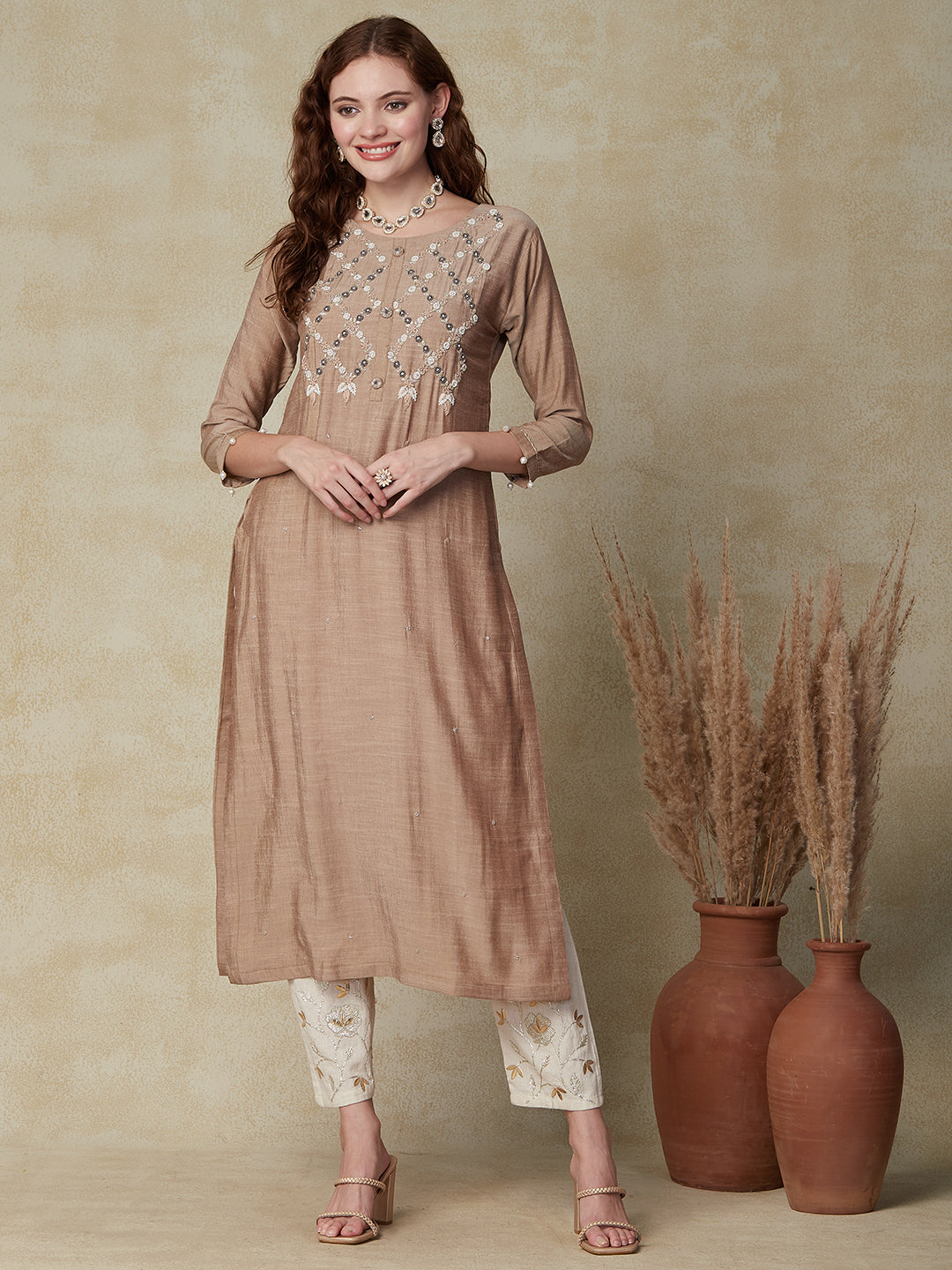 Floral Hand Embroidered Straight Fit Kurta - Beige