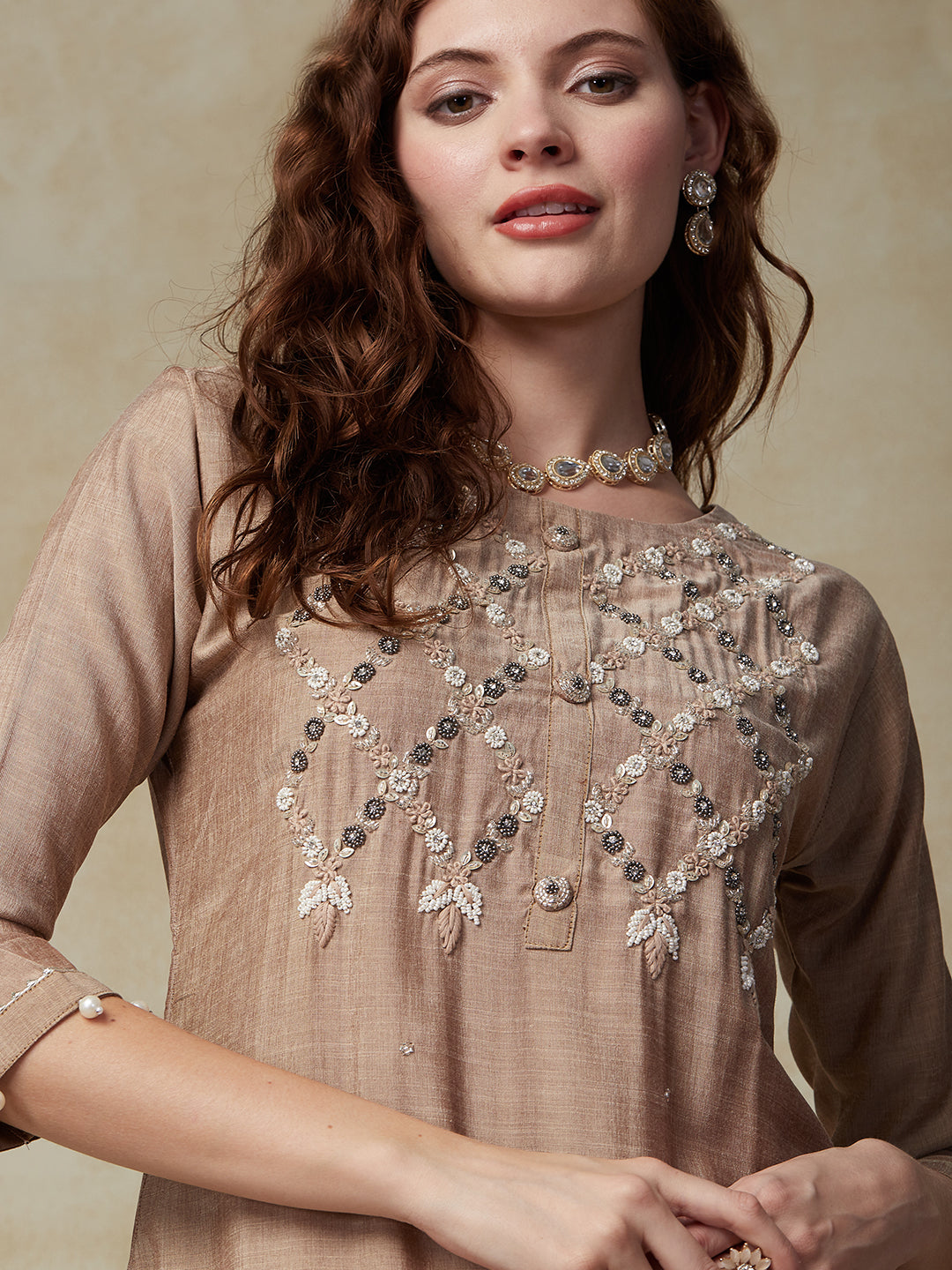 Floral Hand Embroidered Straight Fit Kurta - Beige
