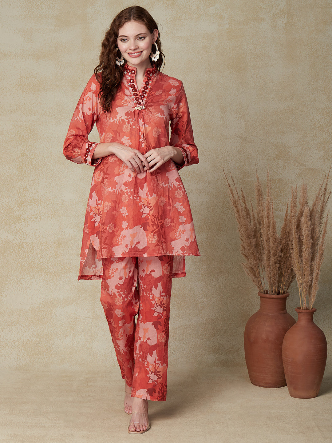 Tropical Floral Printed & Embroidered Straight Fit Co-ord Set - Rust