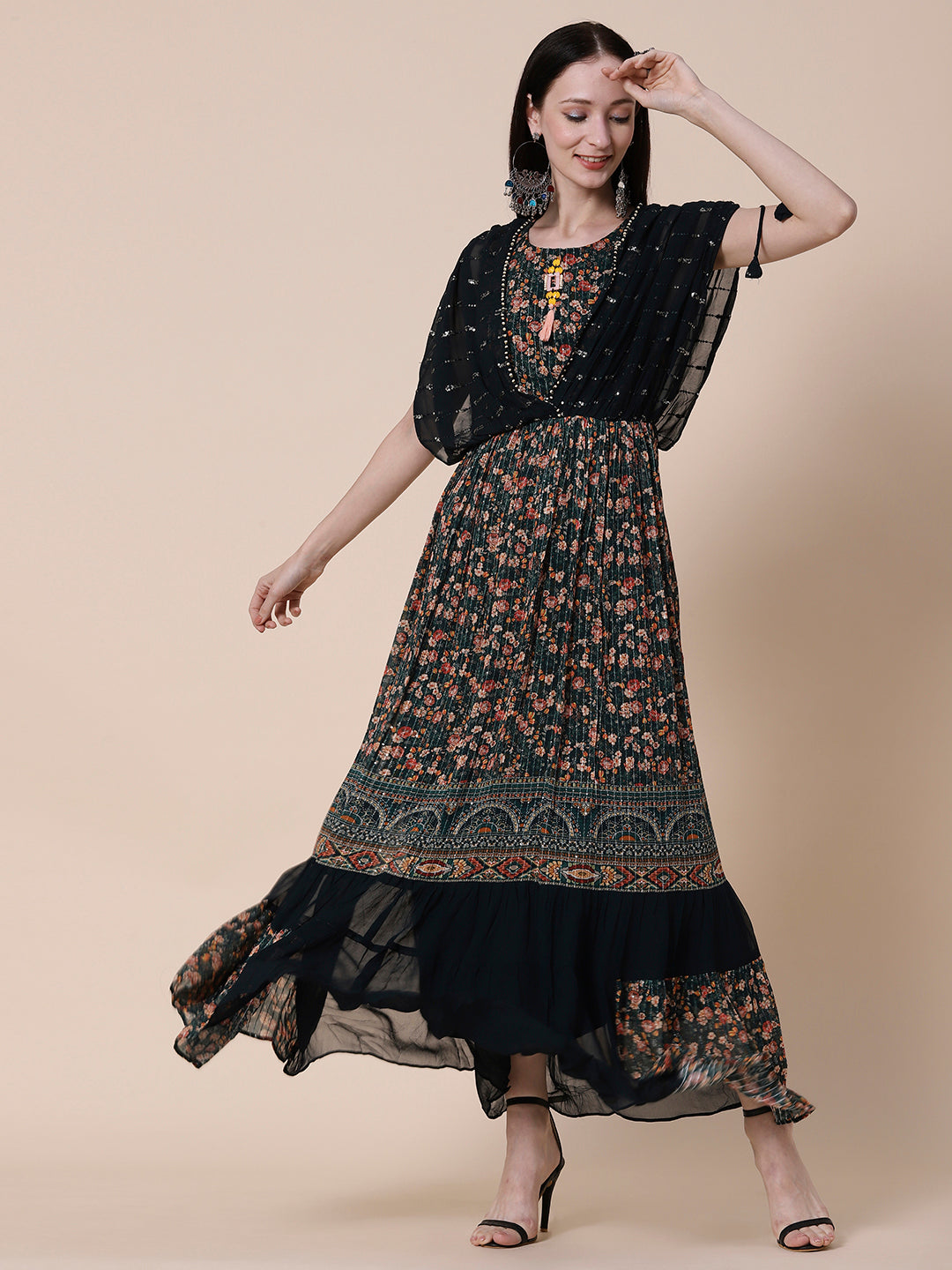 Floral Printed Sequins & Resham Embroidered Maxi Dress - Green