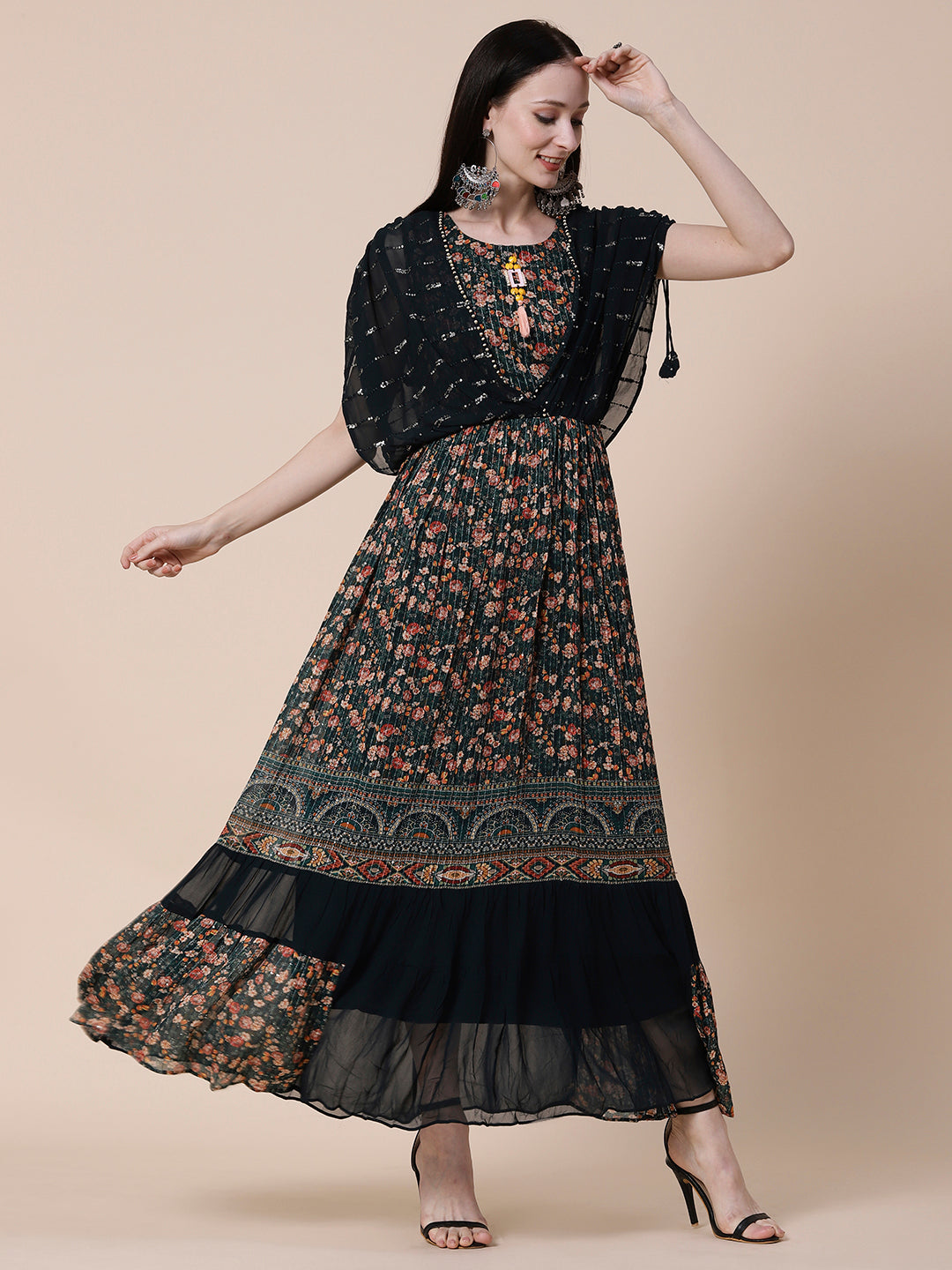 Floral Printed Sequins & Resham Embroidered Maxi Dress - Green