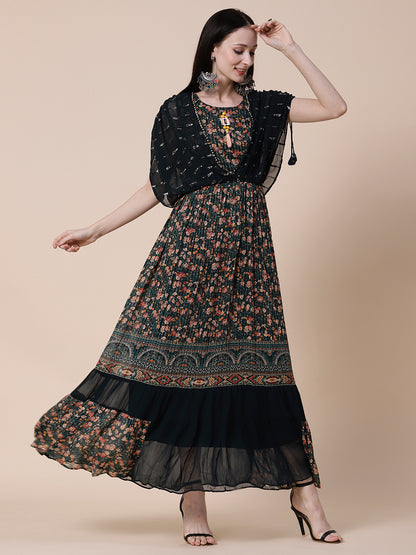 Floral Printed Sequins & Resham Embroidered Maxi Dress - Green