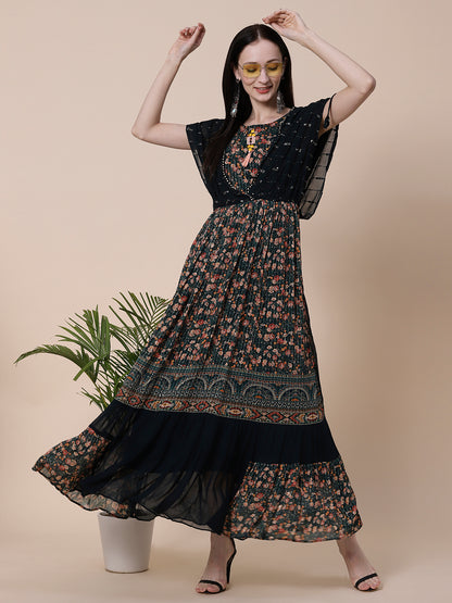 Floral Printed Sequins & Resham Embroidered Maxi Dress - Green