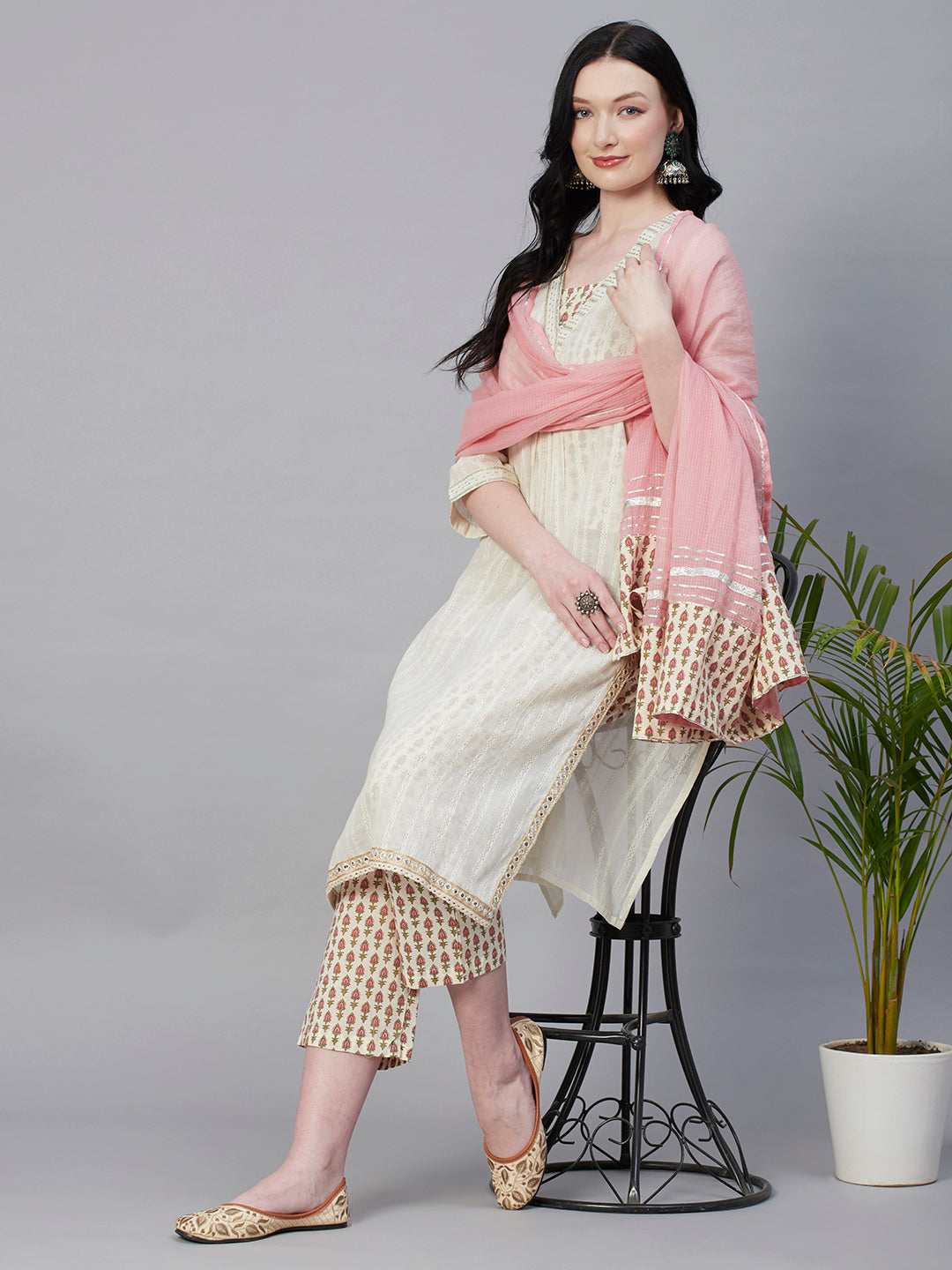 Woven Dobby Textured Sequins Embroidered Kurta With Printed Inner, Pants & Dupatta - Off White