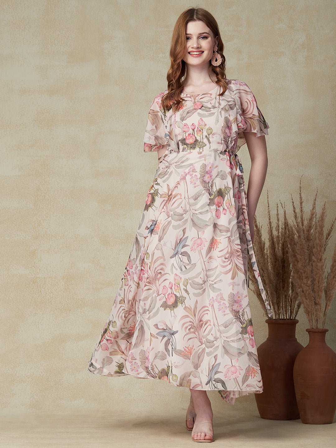 Floral Printed & Embroidered A-Line Fit & Flare Maxi Dress - Cream
