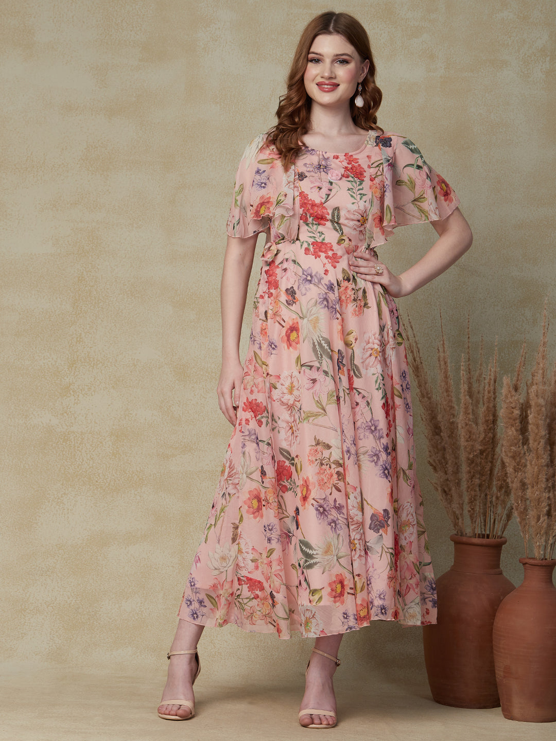 Floral Printed & Embroidered A-Line Fit & Flare Maxi Dress - Peach