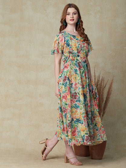 Floral Printed & Embroidered A-Line Fit & Flare Maxi Dress - Mint Green