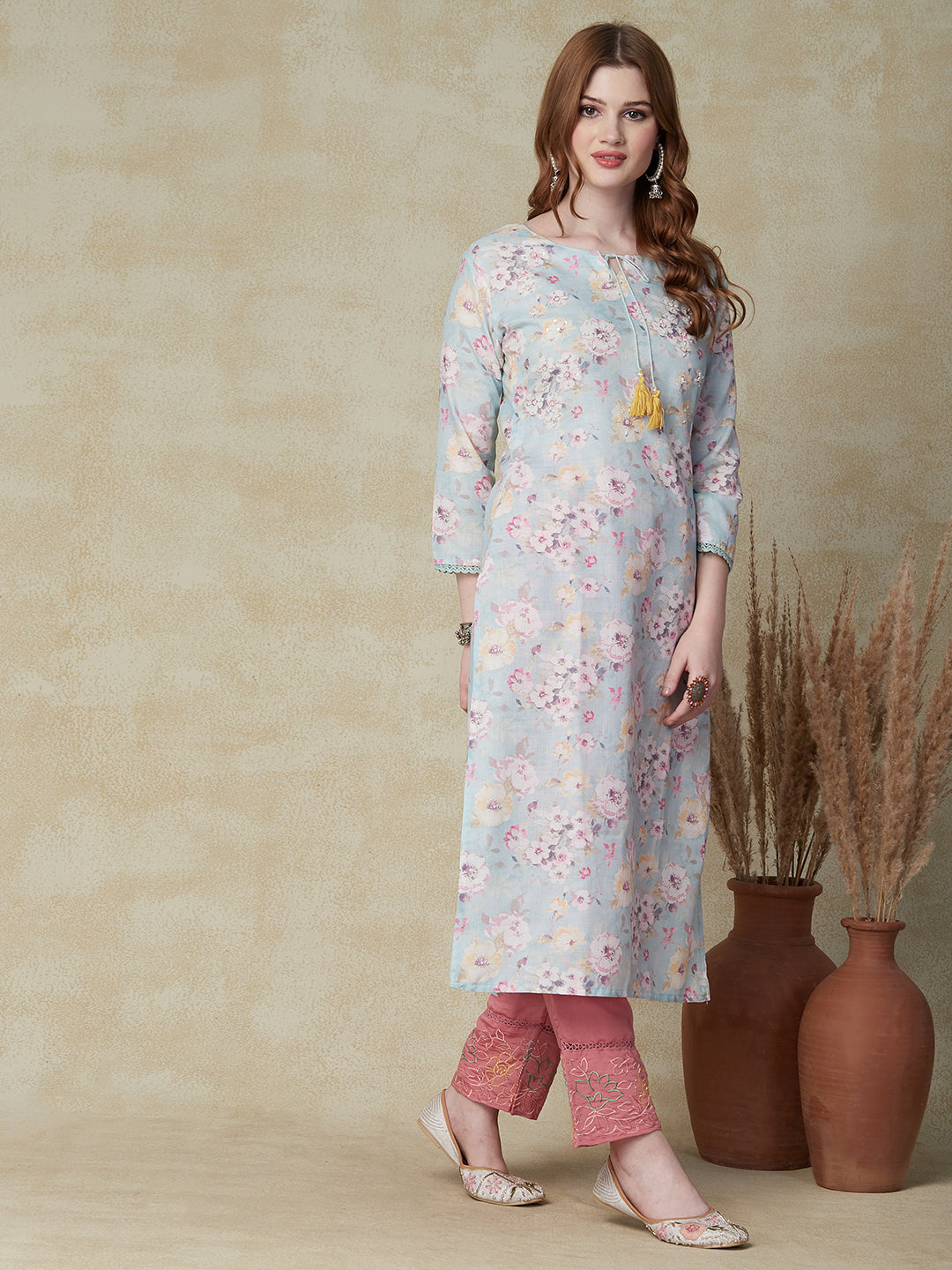 Abstract Floral Printed & Hand Embroidered Straight Fit Kurta - Blue