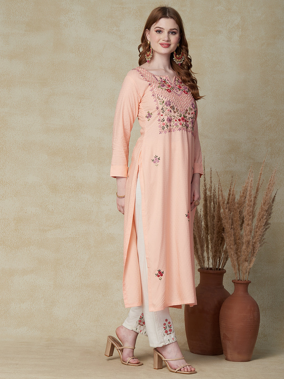 Ethnic Woven & Floral Hand Embroidered Straight Fit Kurta - Peach