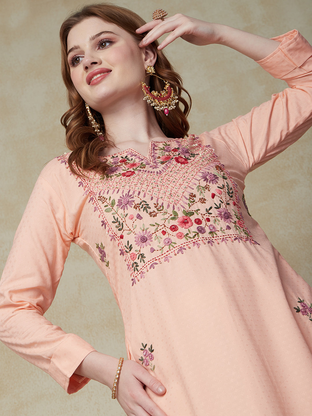 Ethnic Woven & Floral Hand Embroidered Straight Fit Kurta - Peach