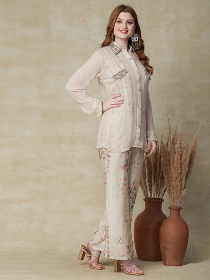 Floral & Geometric Printed & Embroidered Shirt with Flared Palazzo - Beige