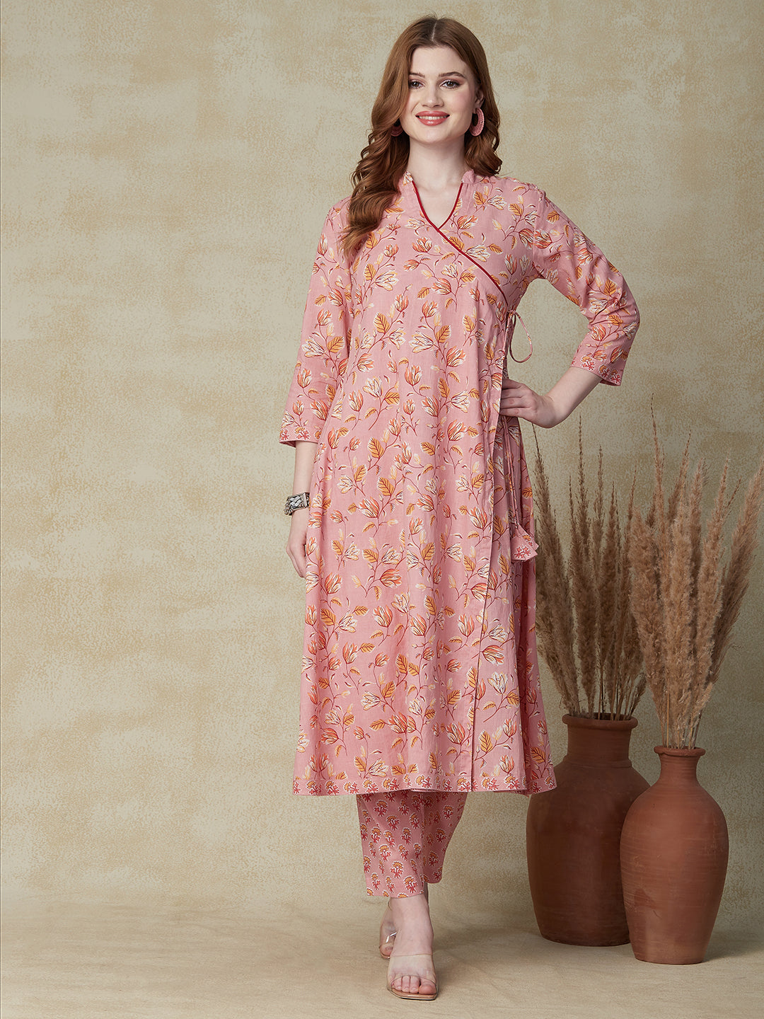 Ethnic Floral Printed Overlapped A-Line Kurta with Pant - Pink