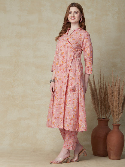 Ethnic Floral Printed Overlapped A-Line Kurta with Pant - Pink