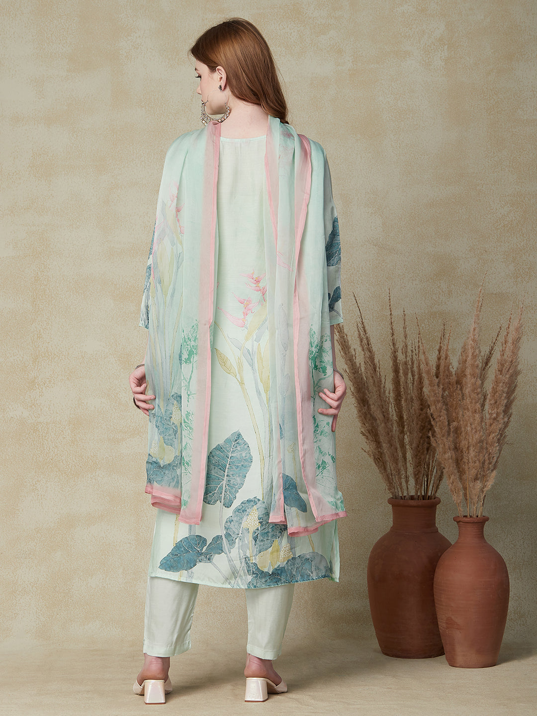 Floral Printed Straight Fit Kurta with Pant & Floral Printed Dupatta - Mint Green