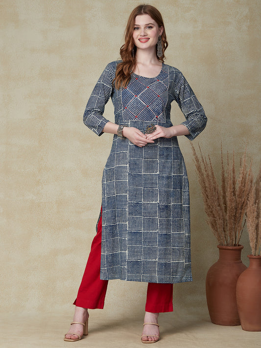 Ethnic Stripes Printed & Hand Embroidered Straight Fit Kurta - Blue
