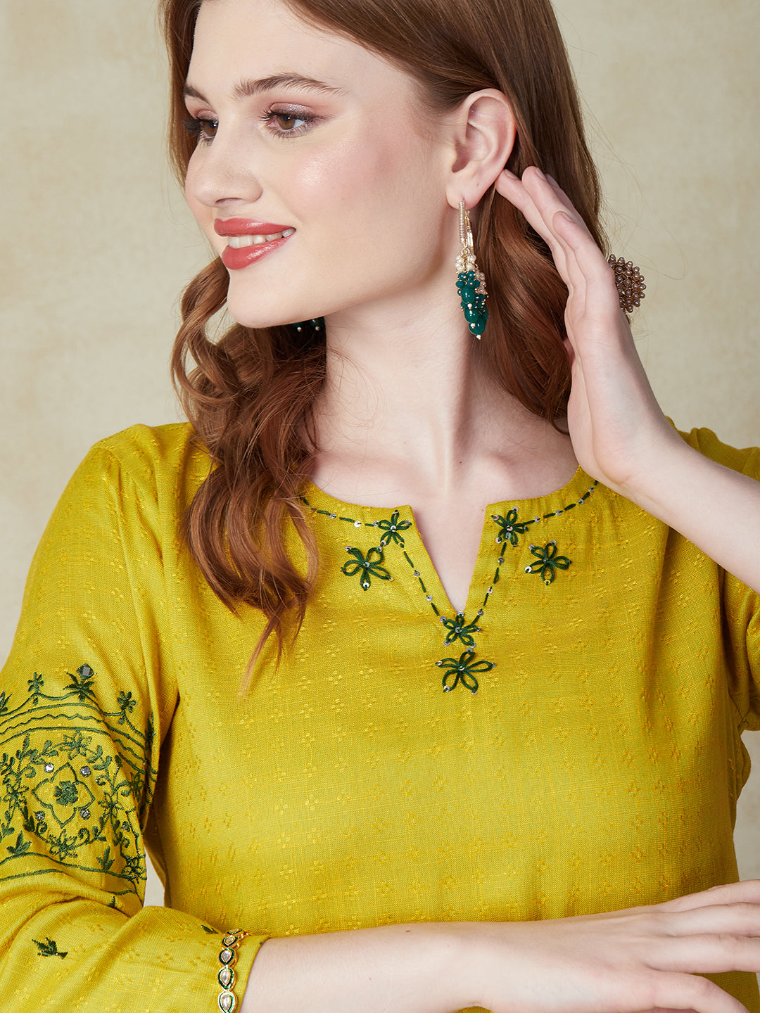 Ethnic Woven & Floral Embroidered Straight Fit Kurta - Green