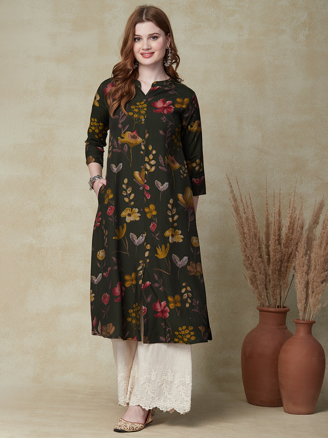Floral Printed A-Line Flared Kurta Olive – FASHOR