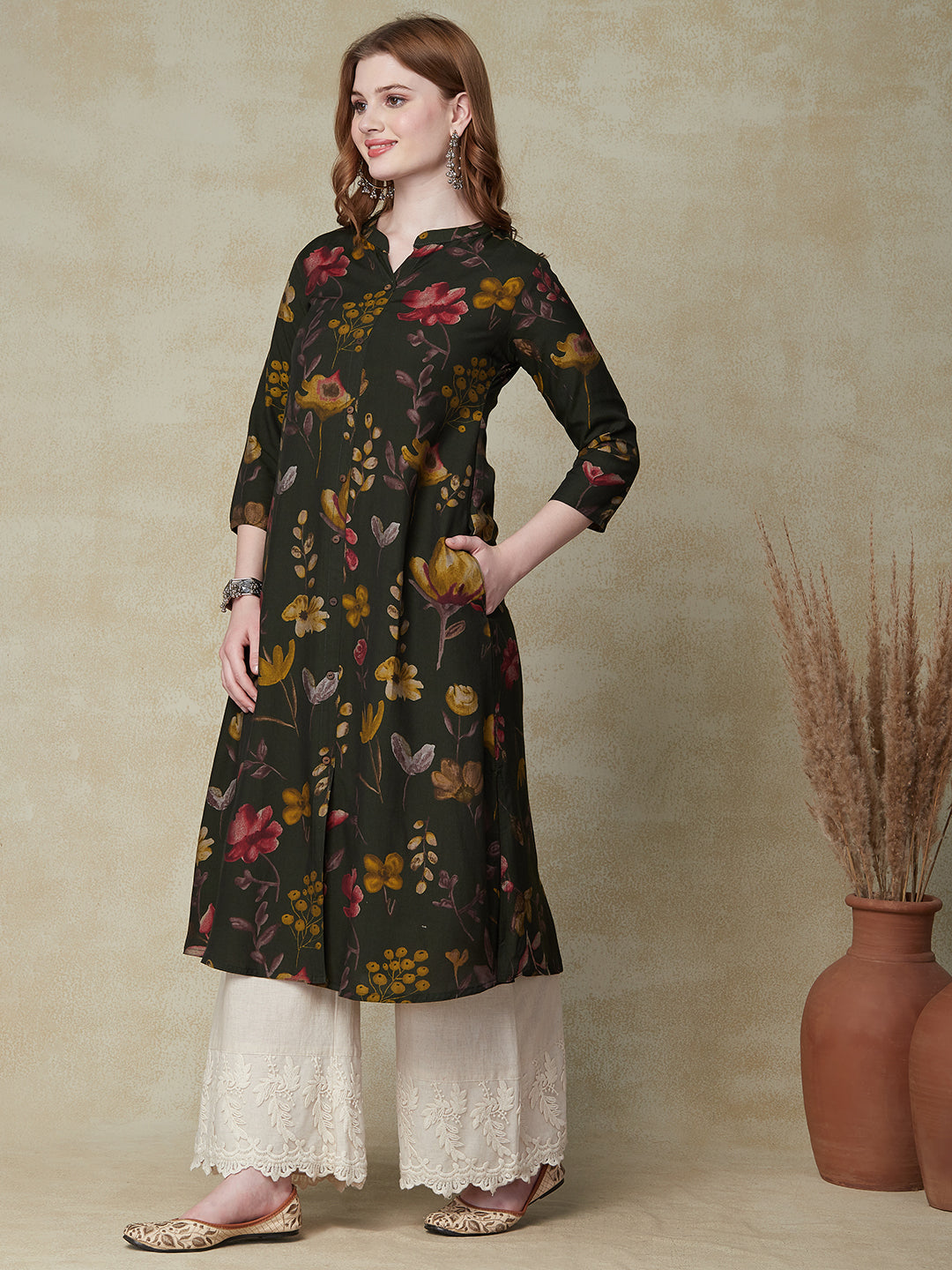 Floral Printed A-Line Flared Kurta - Olive