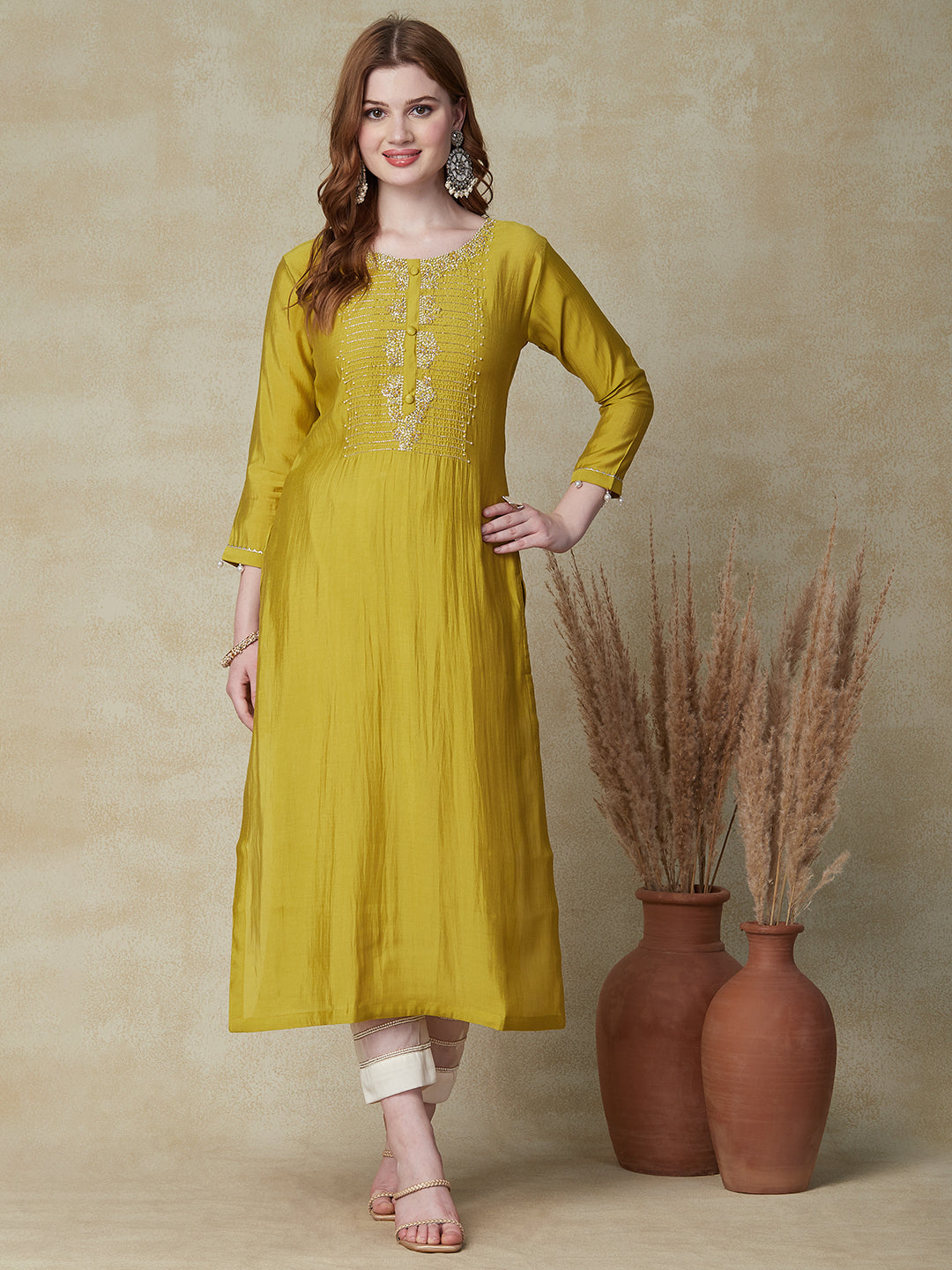 Solid Ethnic Embroidered Straight Fit Kurta - Mustard