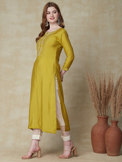 Solid Ethnic Embroidered Straight Fit Kurta - Mustard