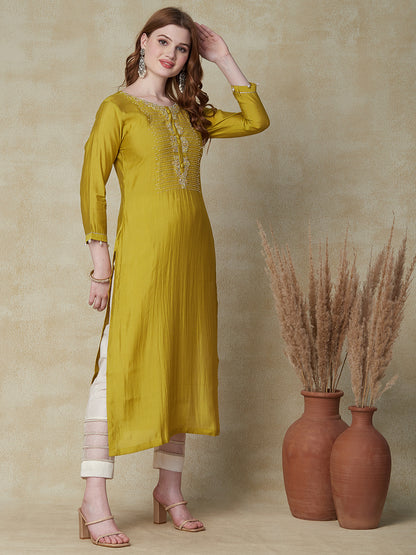 Solid Ethnic Embroidered Straight Fit Kurta - Mustard