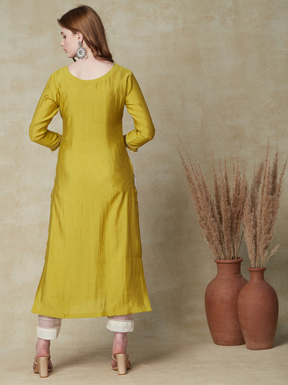 Solid Ethnic Embroidered Straight Fit Kurta - Mustard