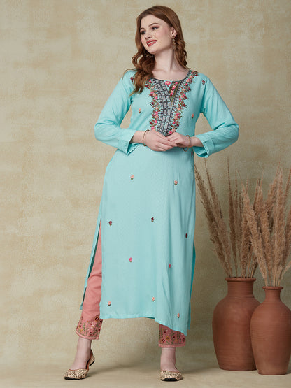Ethnic Woven & Floral Hand Embroidered Straight Fit Kurta - Aqua Blue