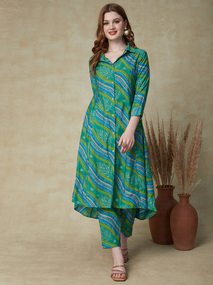 Bandhani & Lehriya Ethnic Foil Printed Asymmetric Hem Kurta With Pants - Green