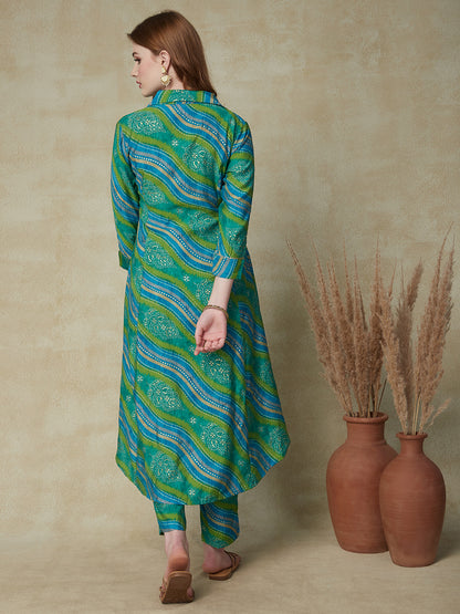 Bandhani & Lehriya Ethnic Foil Printed Asymmetric Hem Kurta With Pants - Green